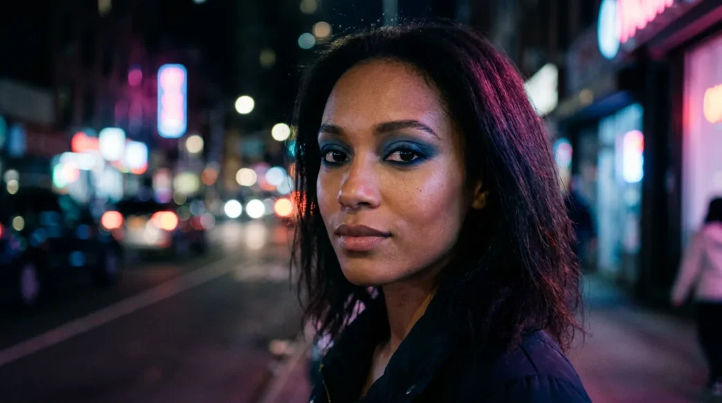 Woman with smoky denim blue eyeshadow and navy liner in neon night street glow