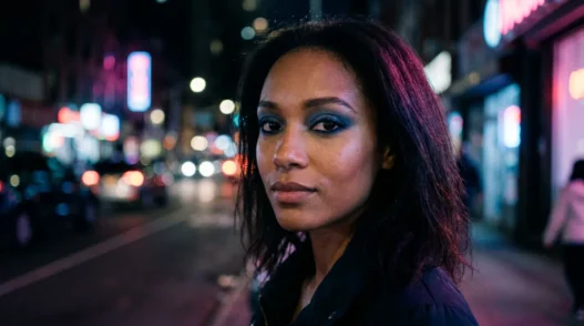 Woman with smoky denim blue eyeshadow and navy liner in neon night street glow