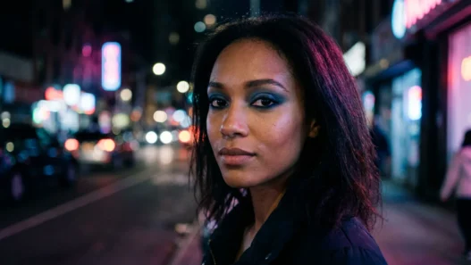 Woman with smoky denim blue eyeshadow and navy liner in neon night street glow