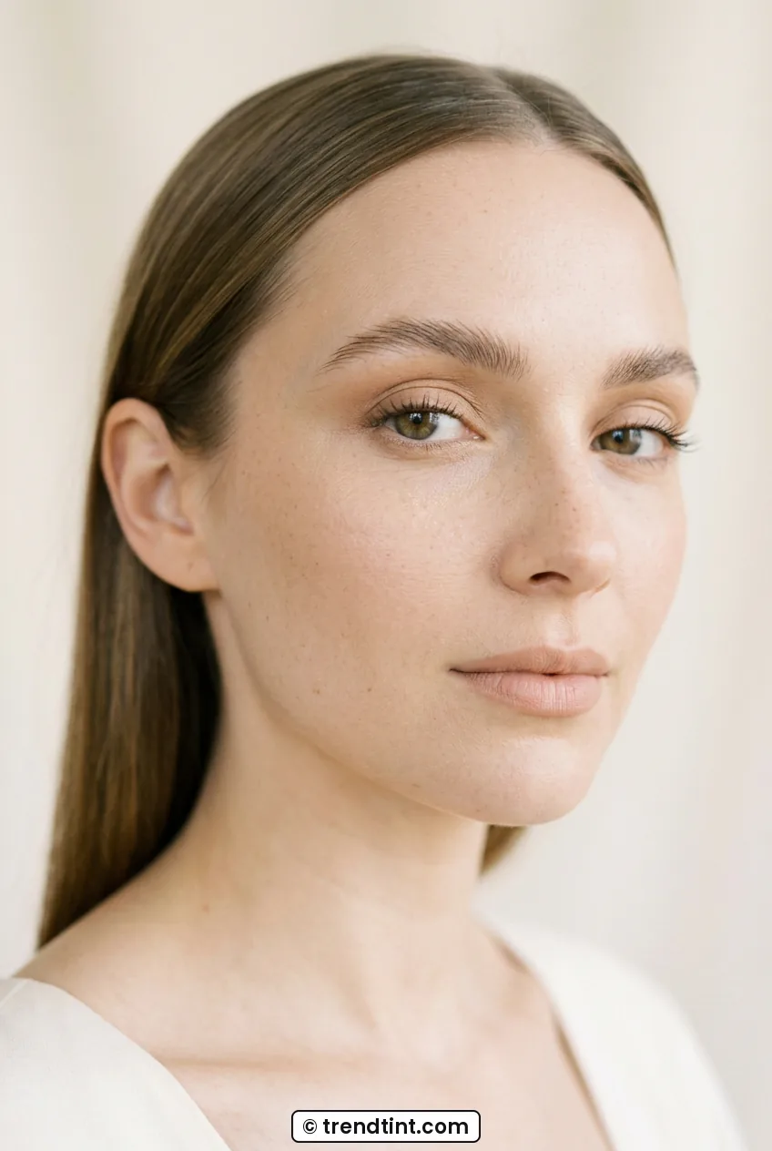 Woman with sheer neutral base and soft nude lips in three-quarter view