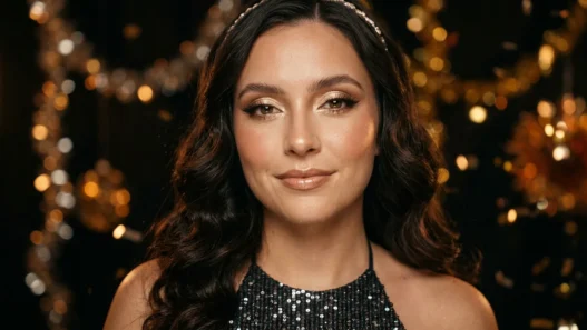 Woman wearing glowing New Years Eve makeup with champagne eyes in party bokeh light