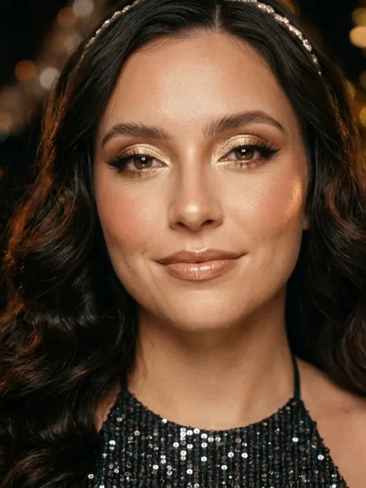 Woman wearing glowing New Years Eve makeup with champagne eyes in party bokeh light