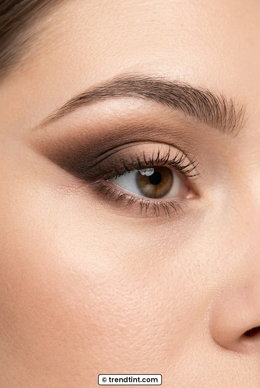 Side view of outer corner eyeshadow blended upward on hooded eye