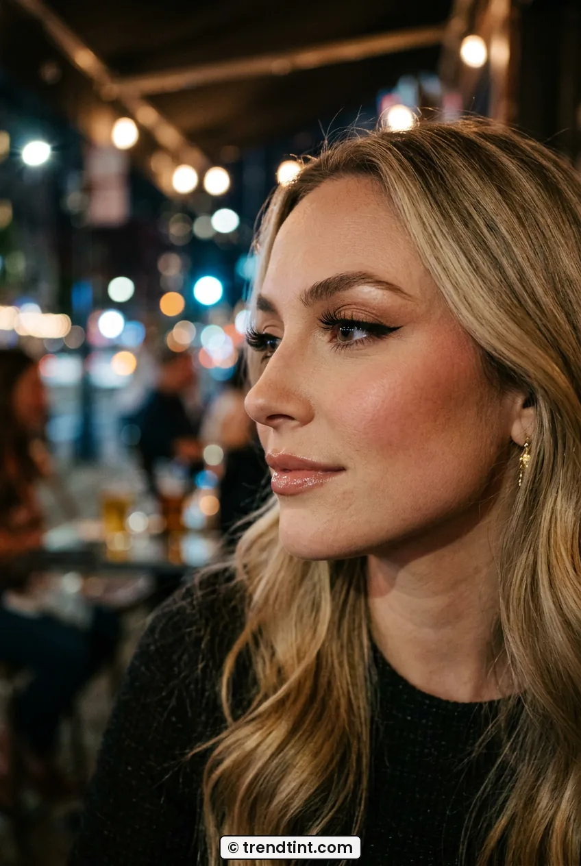 Side profile of woman showing outer corner lashes and lifted liner with flushed cheek