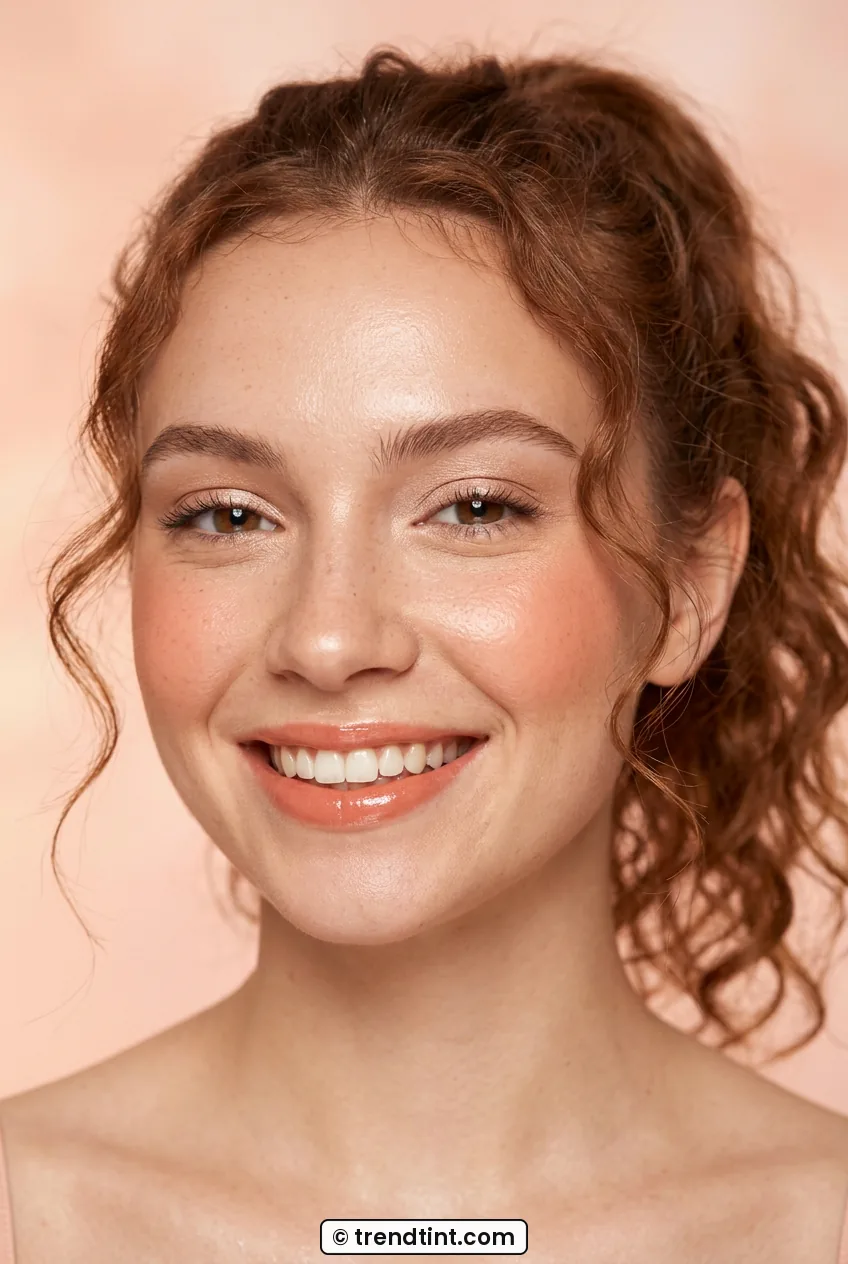 Woman with peach blush and glossy lips glowing in front portrait