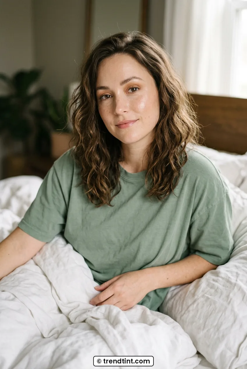 Woman with wavy brown hair wearing soft peach eyeshadow and glowing skin in bed