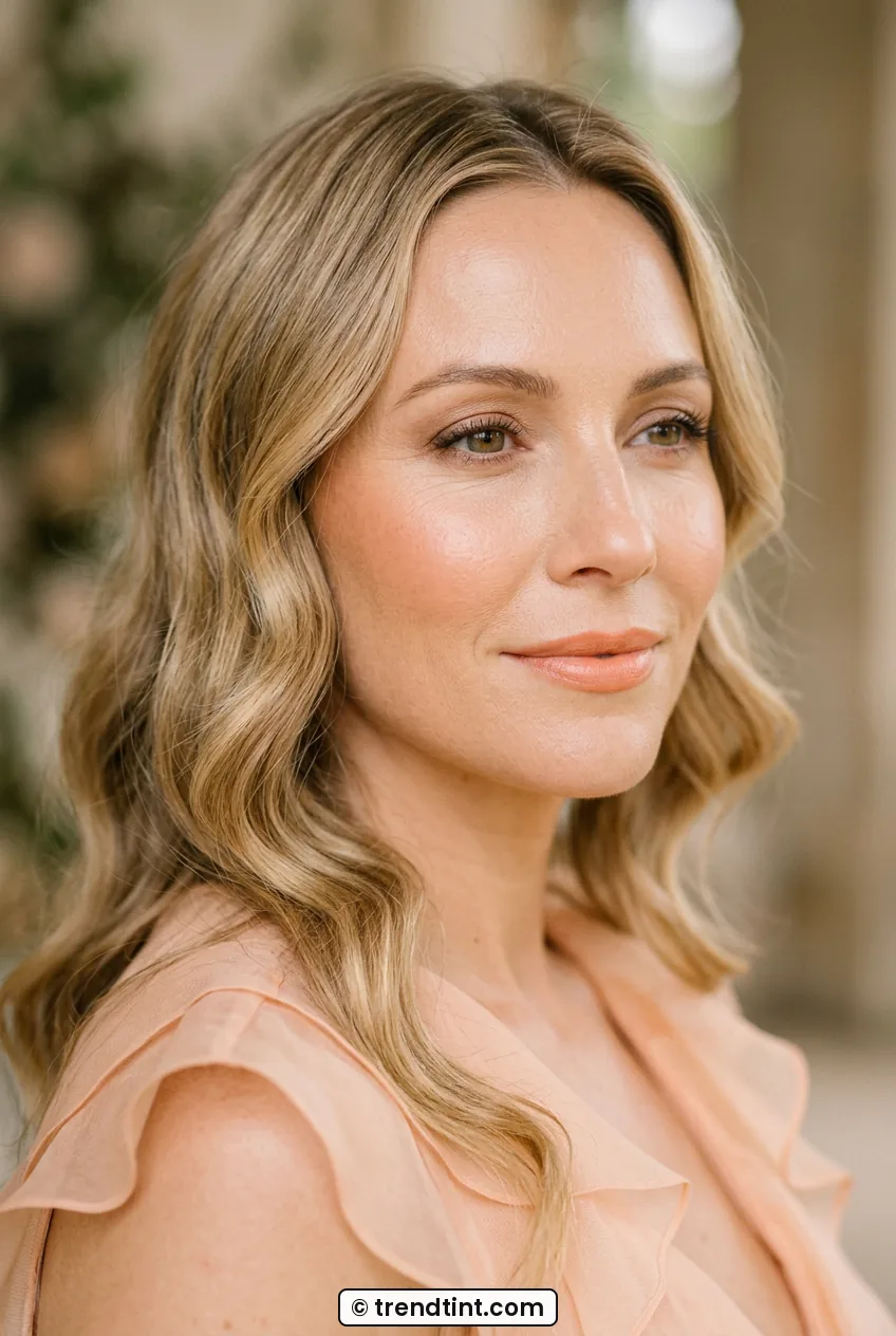 Woman with peachy glowing cheeks and apricot lips smiling in peach dress