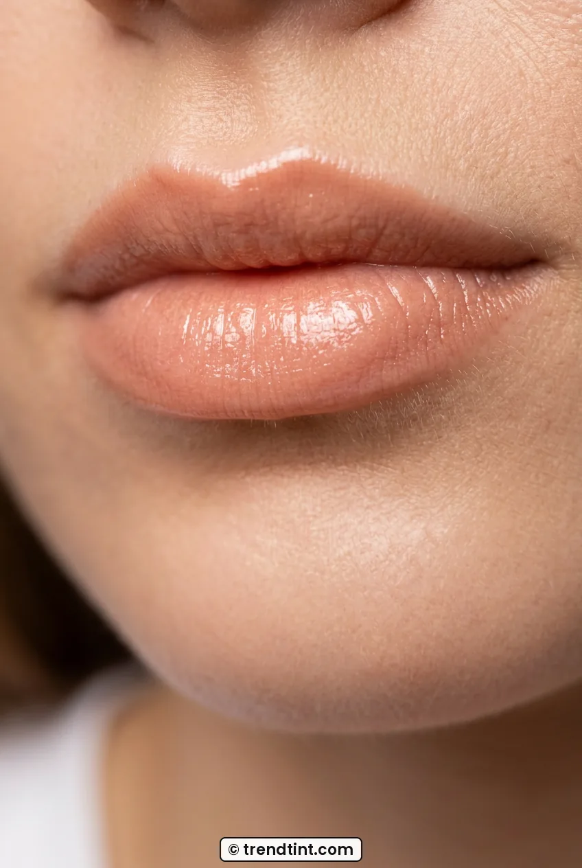 Close-up of woman with peachy-nude gloss showing smooth hydrated texture