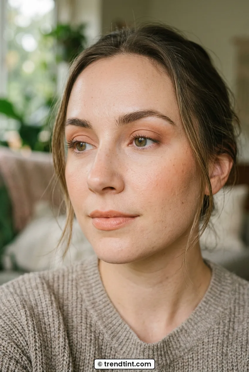 Woman with peachy brown shadow blended above the crease in natural light