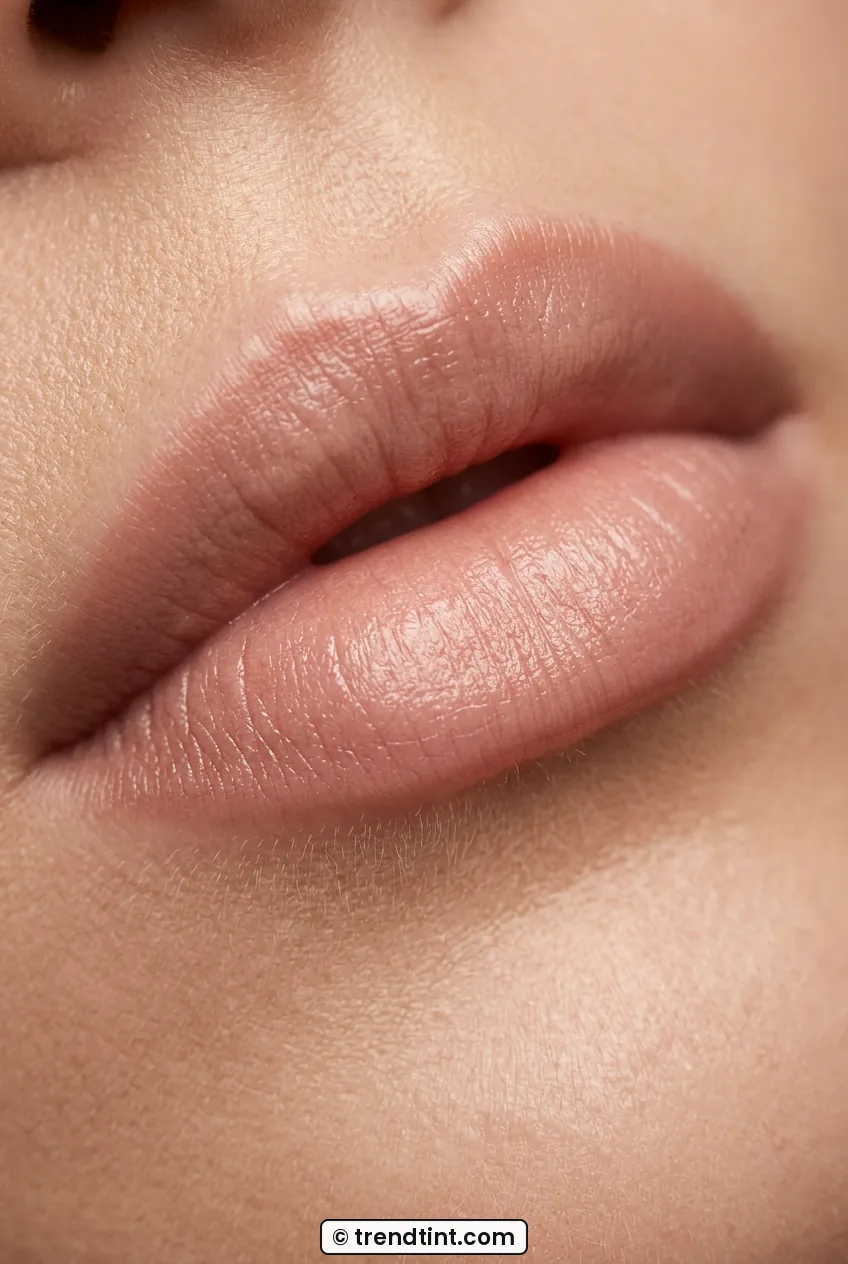 Close macro of woman with softly overlined nude balm creating pillow effect