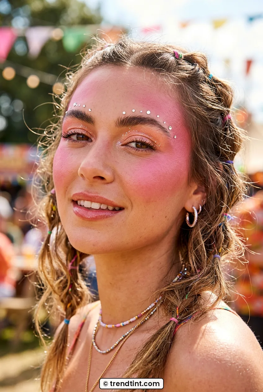 Woman with pink draped blush and small face gems near brows