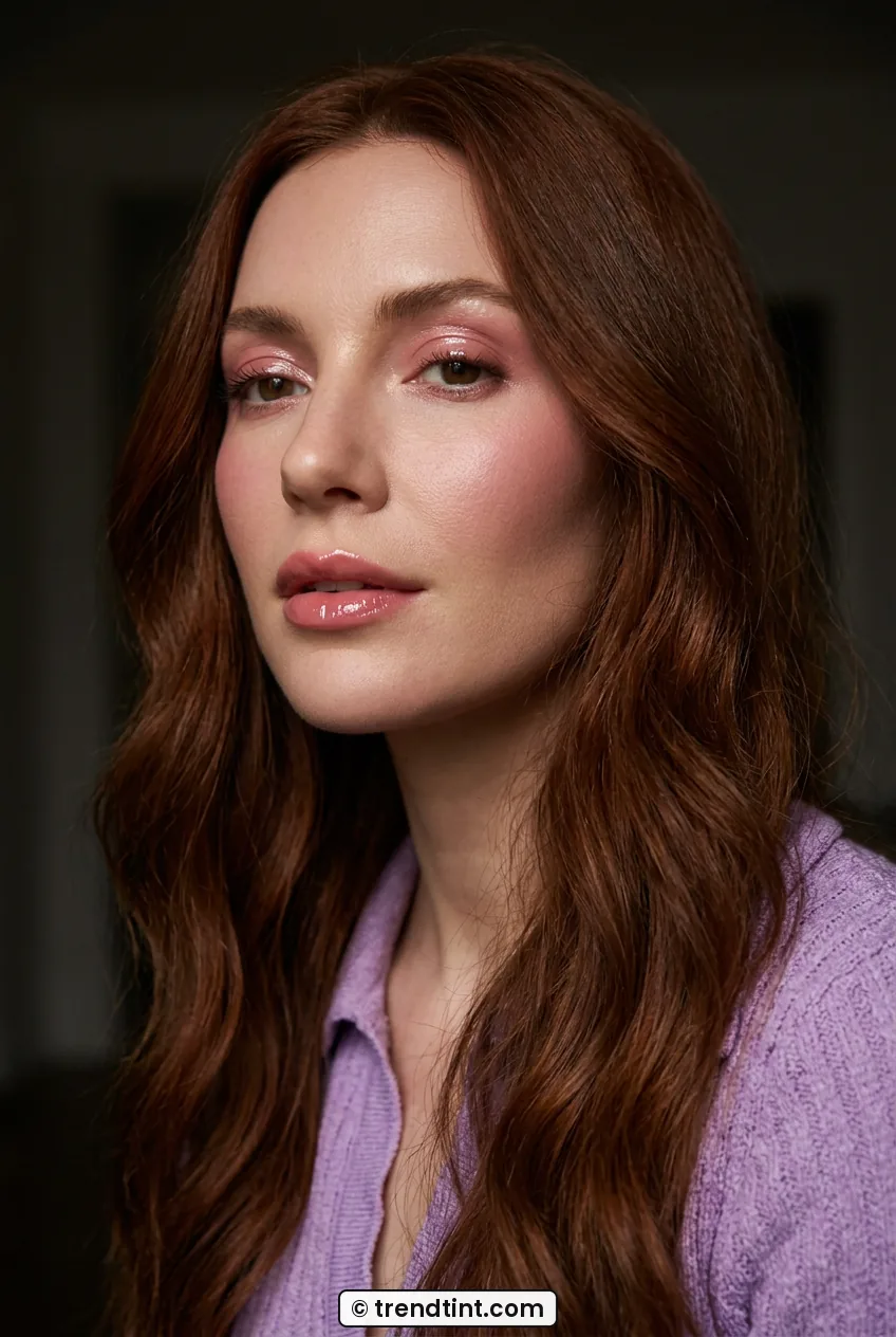 Woman with long auburn waves wearing monochrome pink makeup with glossy lids and cheeks