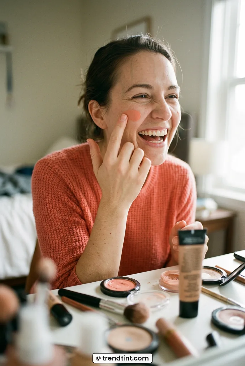 Smiling woman dabbing peach cream blush onto cheek with finger in playful moment