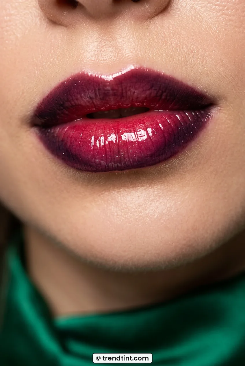 Close-up of woman with juicy plum-berry gloss showing dimensional shine