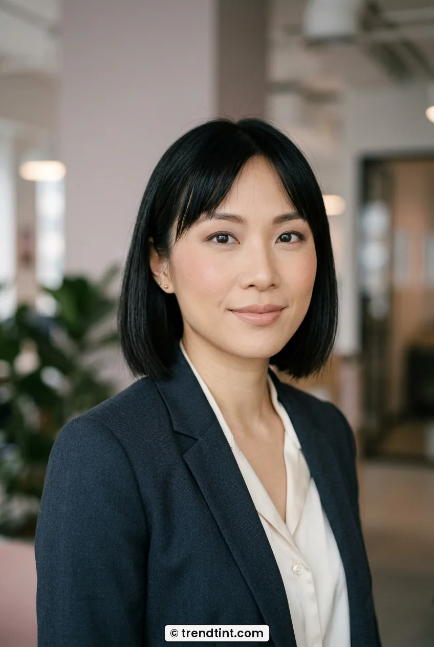 Woman with polished neutral work makeup and neat nude lips chest-up