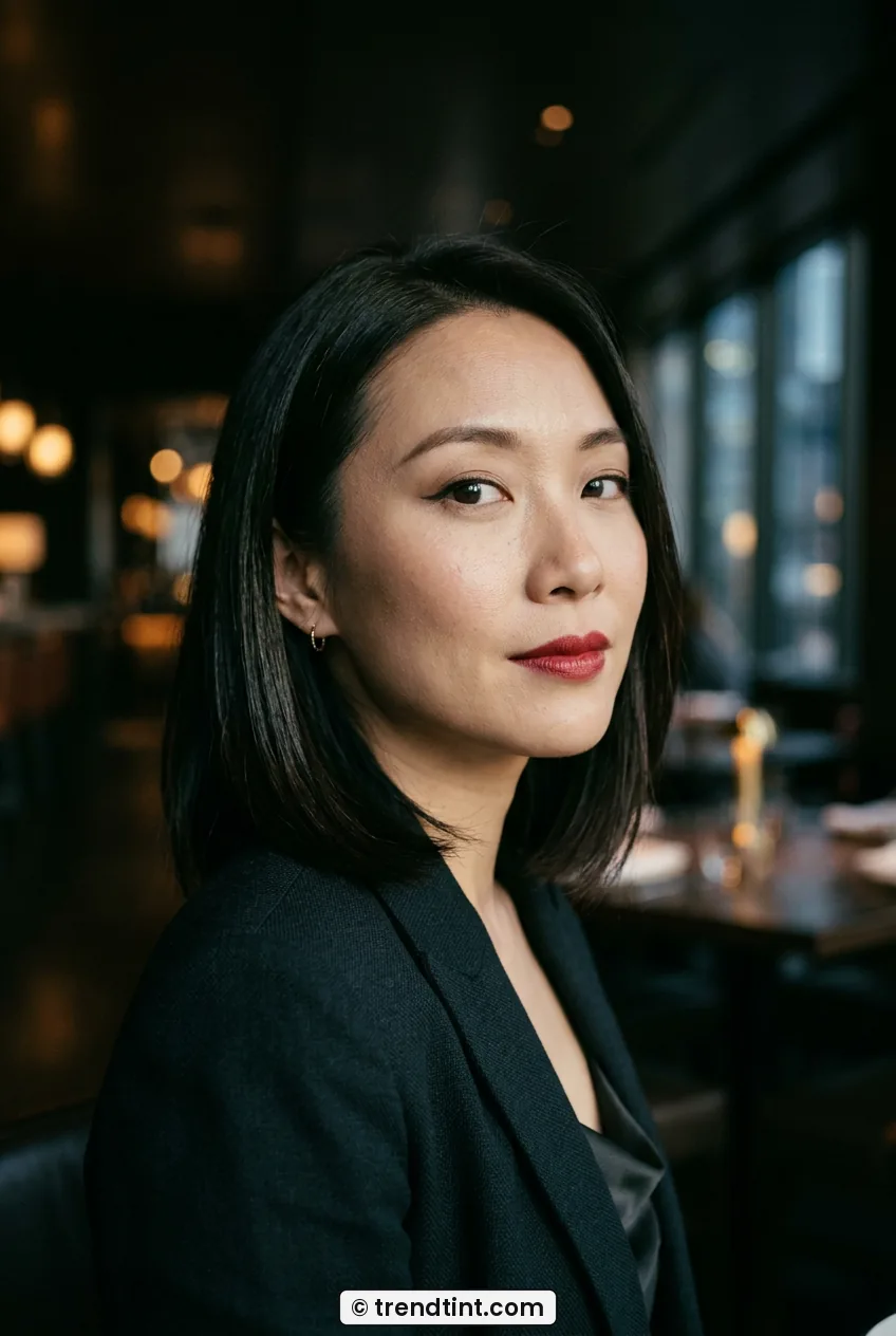 Woman with short winged eyeliner and satin red lips for evening dinner