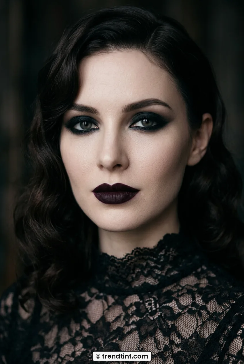 Woman with vintage waves wearing heavy kohl liner and near-black matte lips