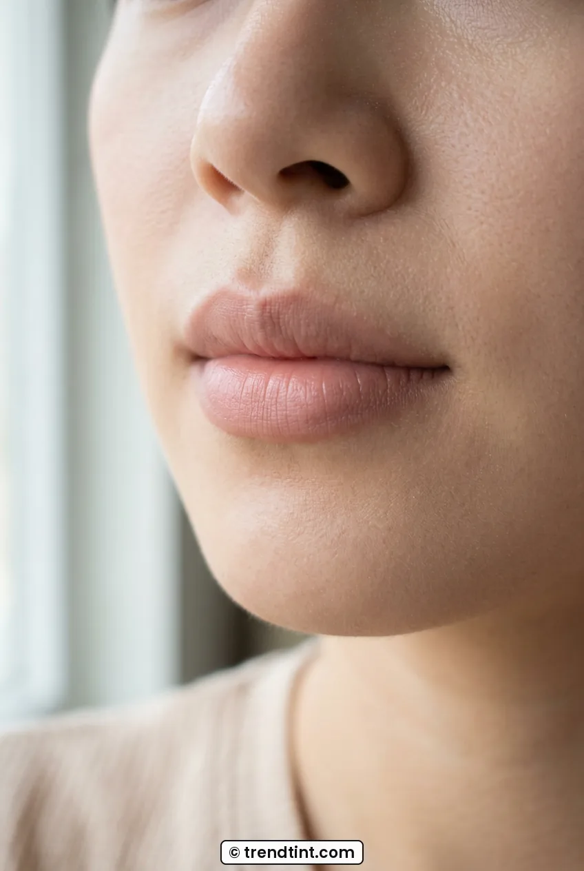 Close-up of woman with smooth prepped lips showing even soft-focus base