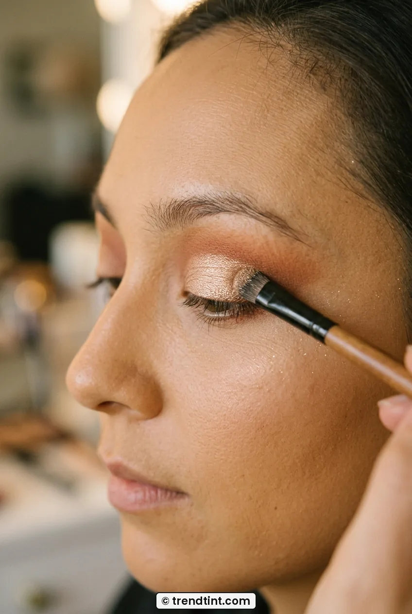Side profile of woman with champagne shimmer eyeshadow applied with flat brush