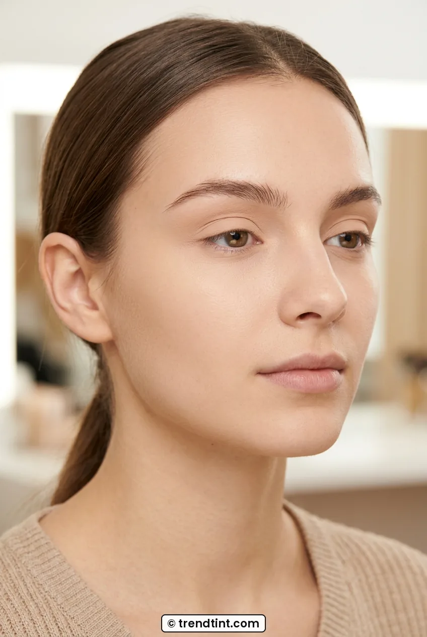 Close view of woman with smooth primed matte eyelids ready for eyeliner