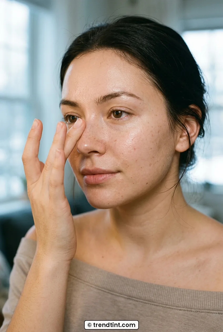 Woman pressing primer into T-zone with fingertips in soft vanity light