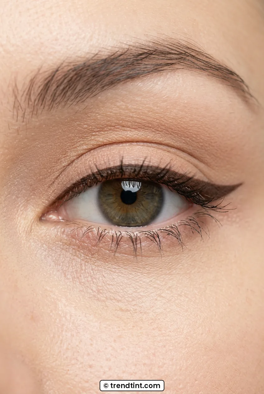 Close-up of woman eye with brown puppy liner thickest over pupil and tightlined lashes