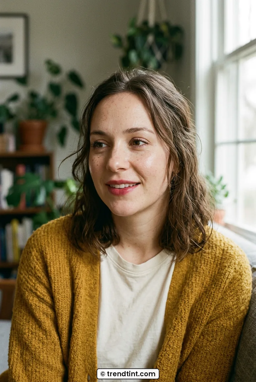Woman with relaxed everyday glow and blotted berry lips smiling softly