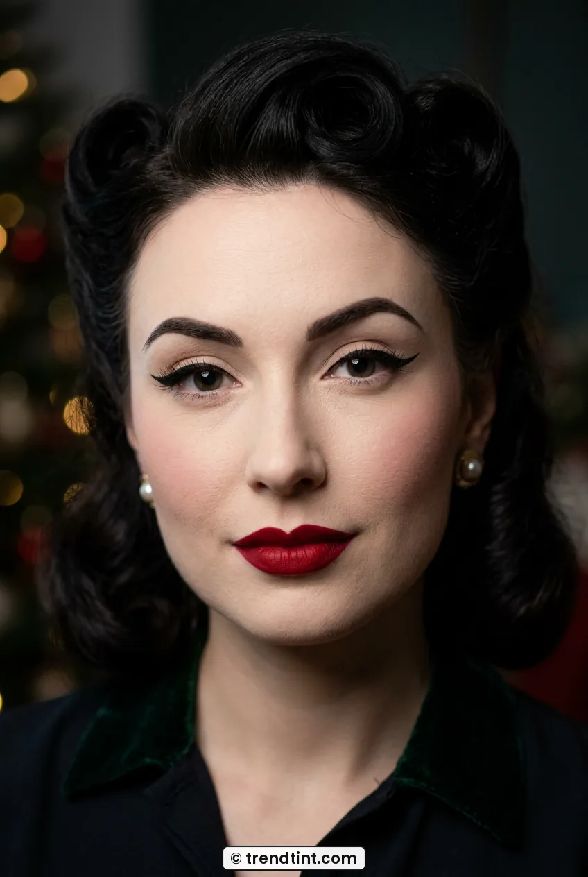 Woman with retro winged eyeliner and cherry red lip in portrait