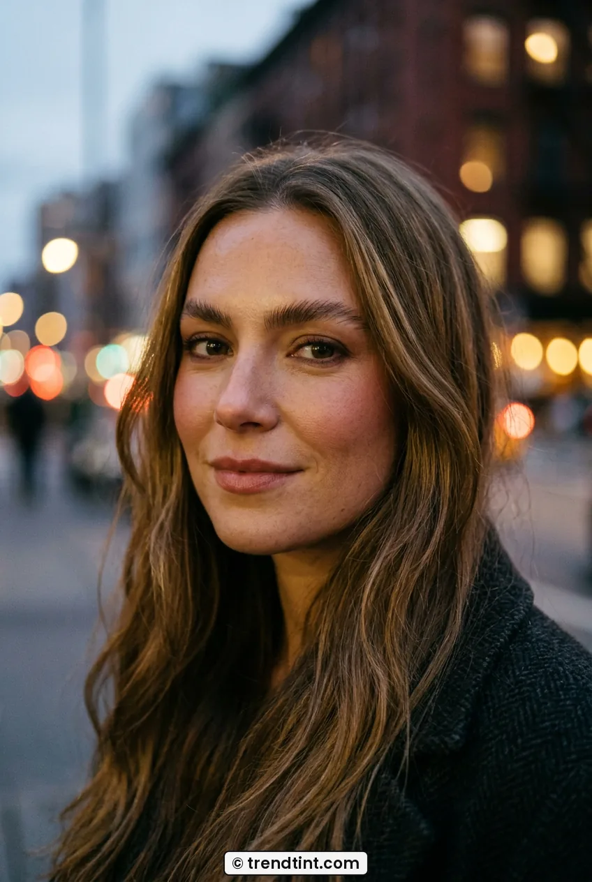 Woman with warm rosewood blush and tinted balm lips in soft city bokeh light