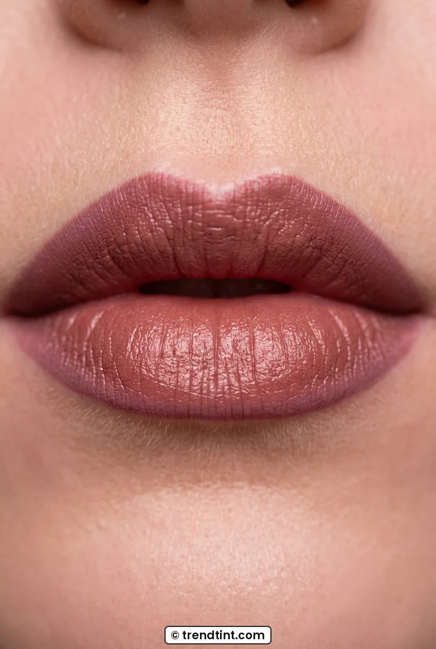 Front view of woman lips wearing rosy brown satin lipstick with soft finish
