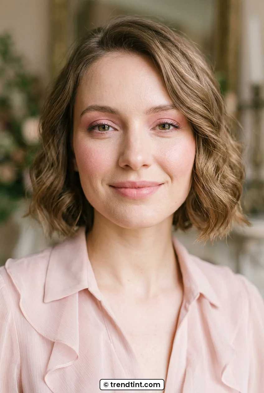 Woman with rosy monochrome makeup on cheeks and eyes wearing pink blouse