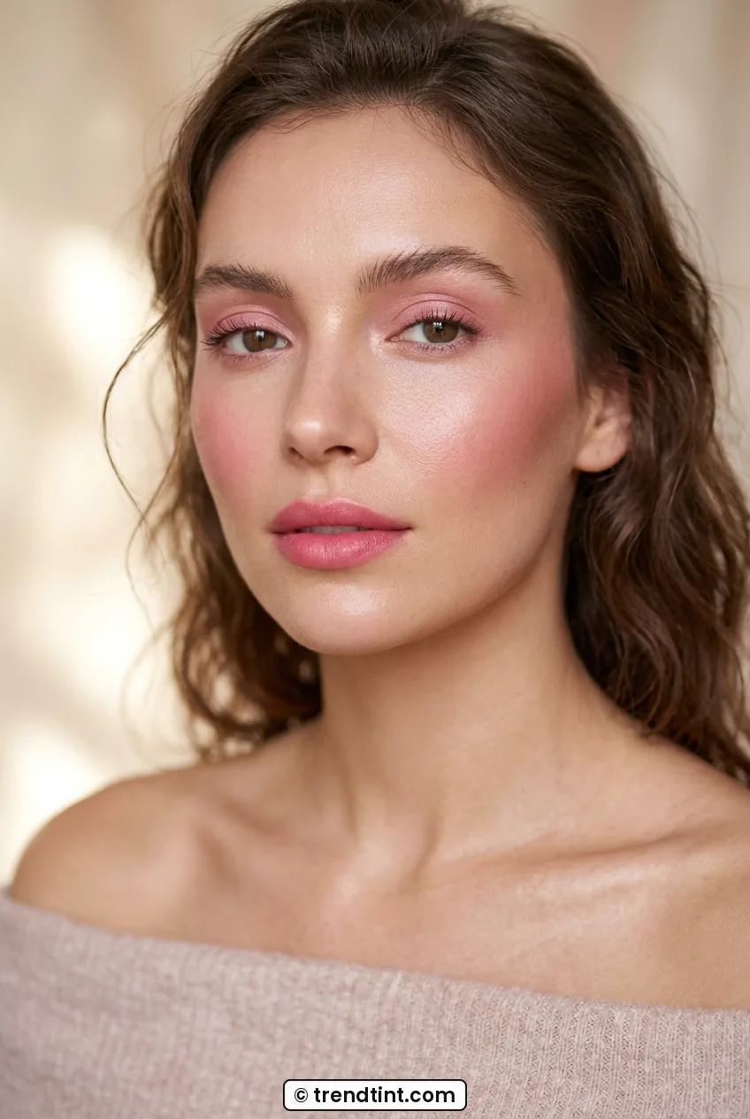 Woman wearing rosy monochrome blush on cheeks lips and lids