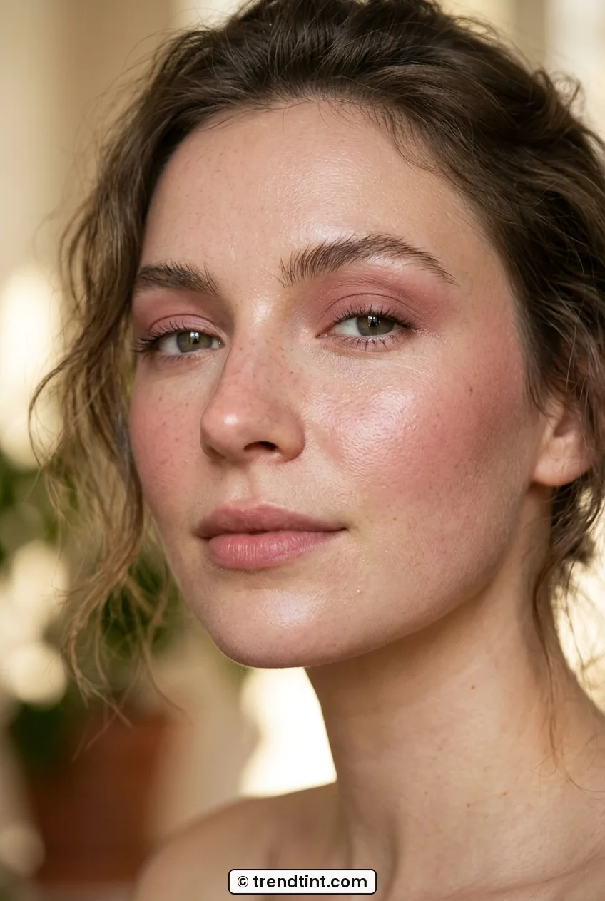 Woman with rosy monochrome makeup on eyes cheeks and lips with flushed skin