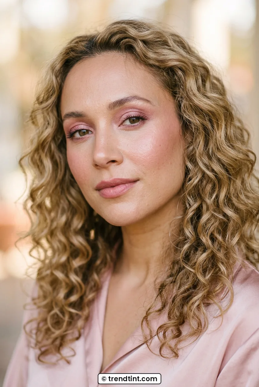 Woman with rosy monochrome makeup on eyes cheeks and lips wearing pink silk blouse