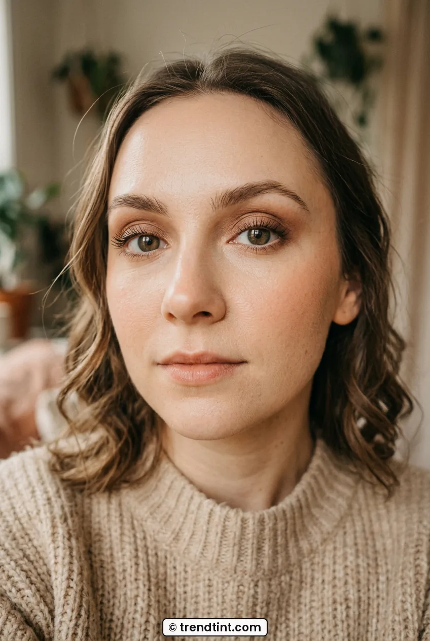Woman with round open eyes wearing soft brown shadow and lifted lashes
