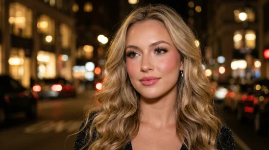 Woman with rosy doll blush and glossy pink lips under warm city lights at night