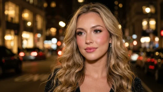 Woman with rosy doll blush and glossy pink lips under warm city lights at night