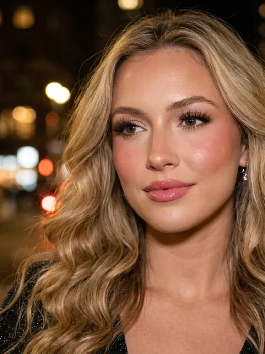 Woman with rosy doll blush and glossy pink lips under warm city lights at night