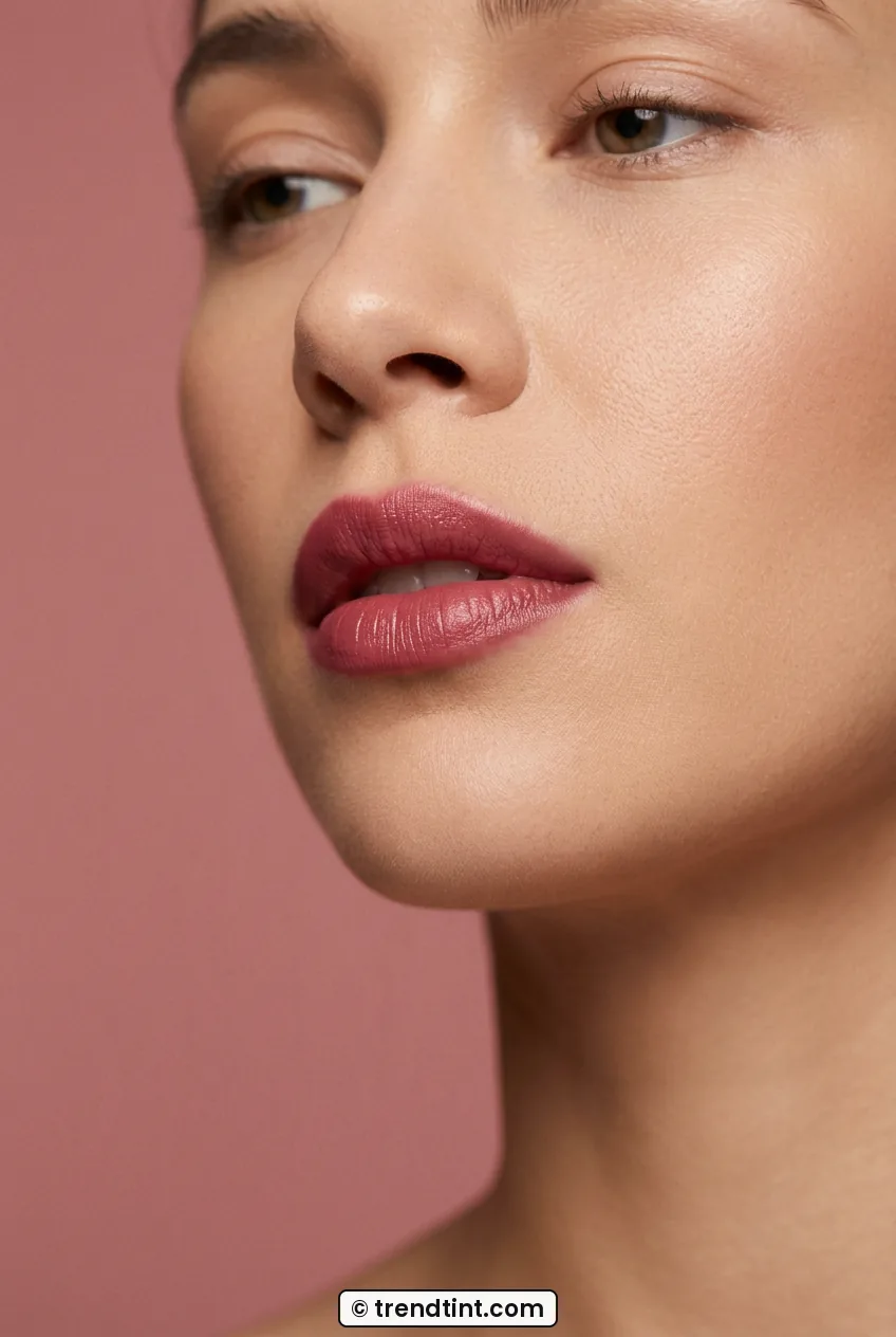 Close portrait of woman wearing satin berry rose lipstick with softly blurred edges
