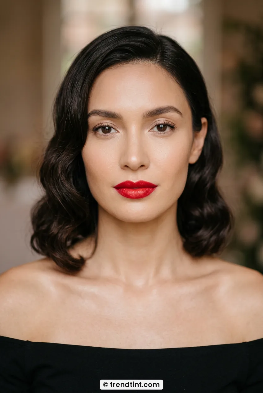 Woman with satin red lipstick and polished skin wearing black top