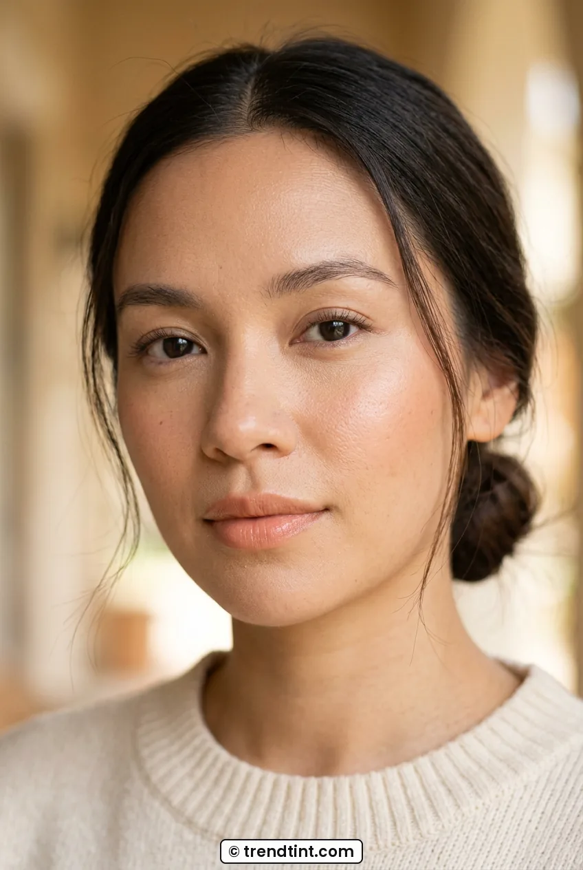 Woman with natural satin skin base and peachy cream blush wearing low bun in soft light