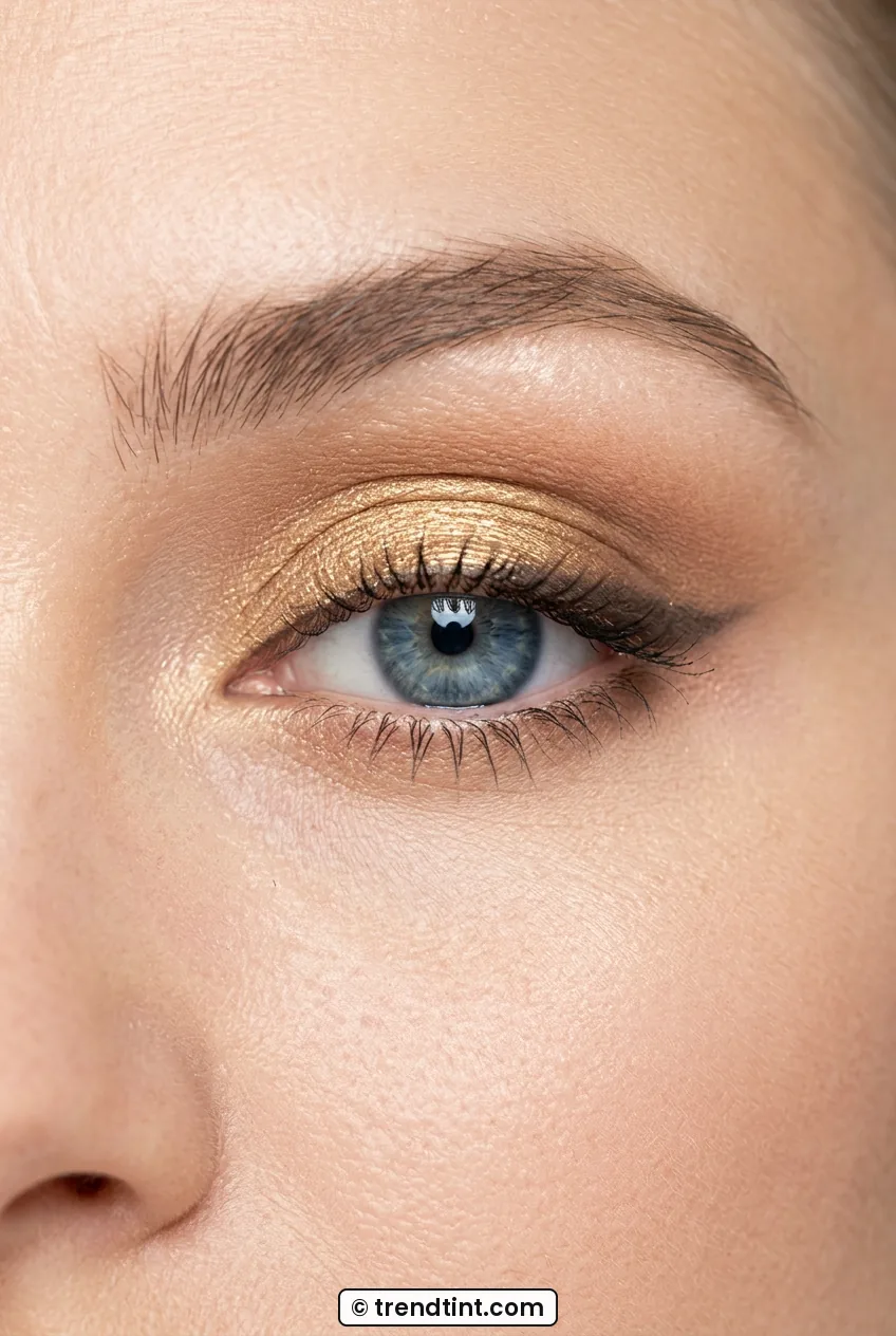 Close-up of woman eye showing finished luminous gold makeup with soft liner