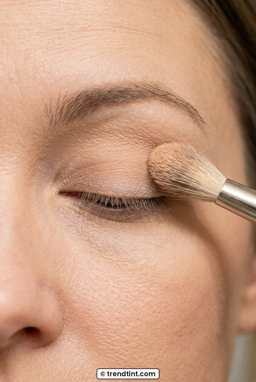 Close-up of fluffy brush setting primer with powder on a hooded eyelid
