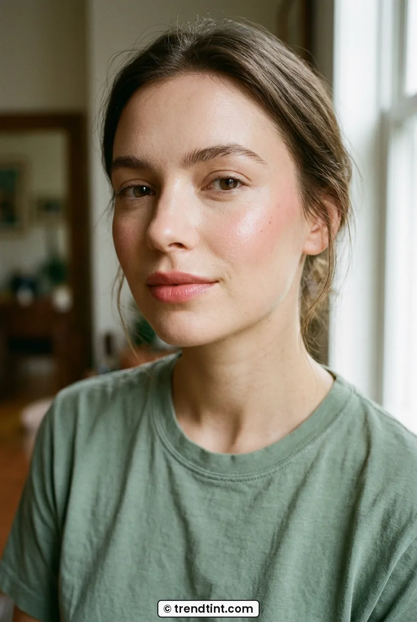 Woman with sheer glowing base and high cream blush in three-quarter view