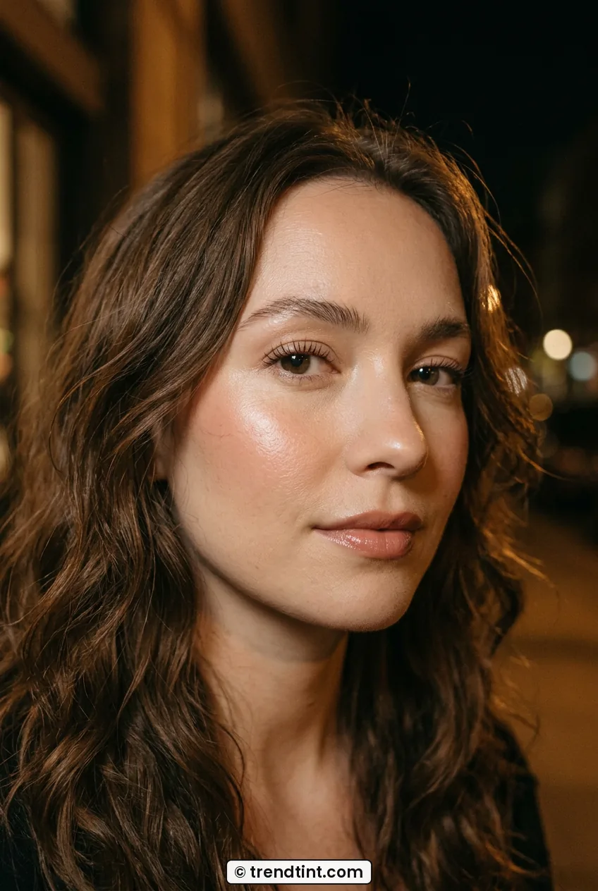 Woman with sheer cream blush and dewy highlight wearing soft waves at night