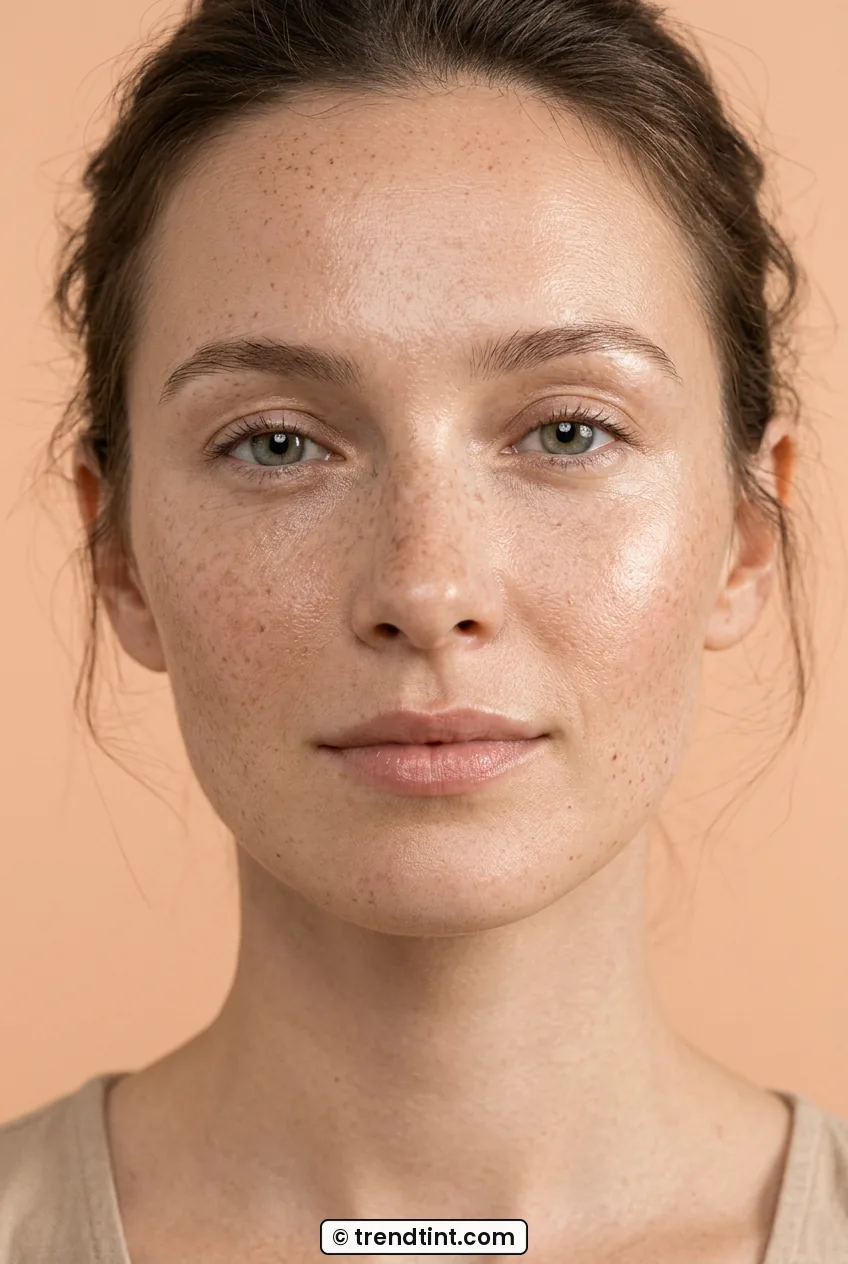 Woman wearing sheer dewy skin tint with natural finish and soft glow in close portrait