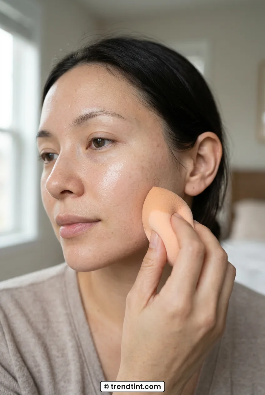 Woman blending sheer dewy foundation with damp sponge on cheek