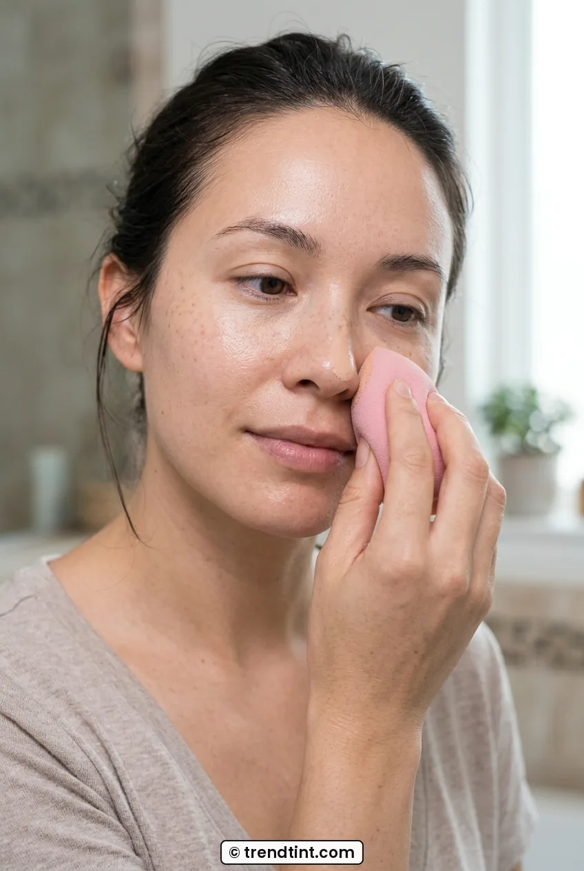 Woman blending sheer foundation with damp sponge through center of face