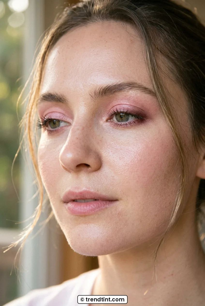 Woman wearing sheer pink eyeshadow with deeper rose pressed along lashes