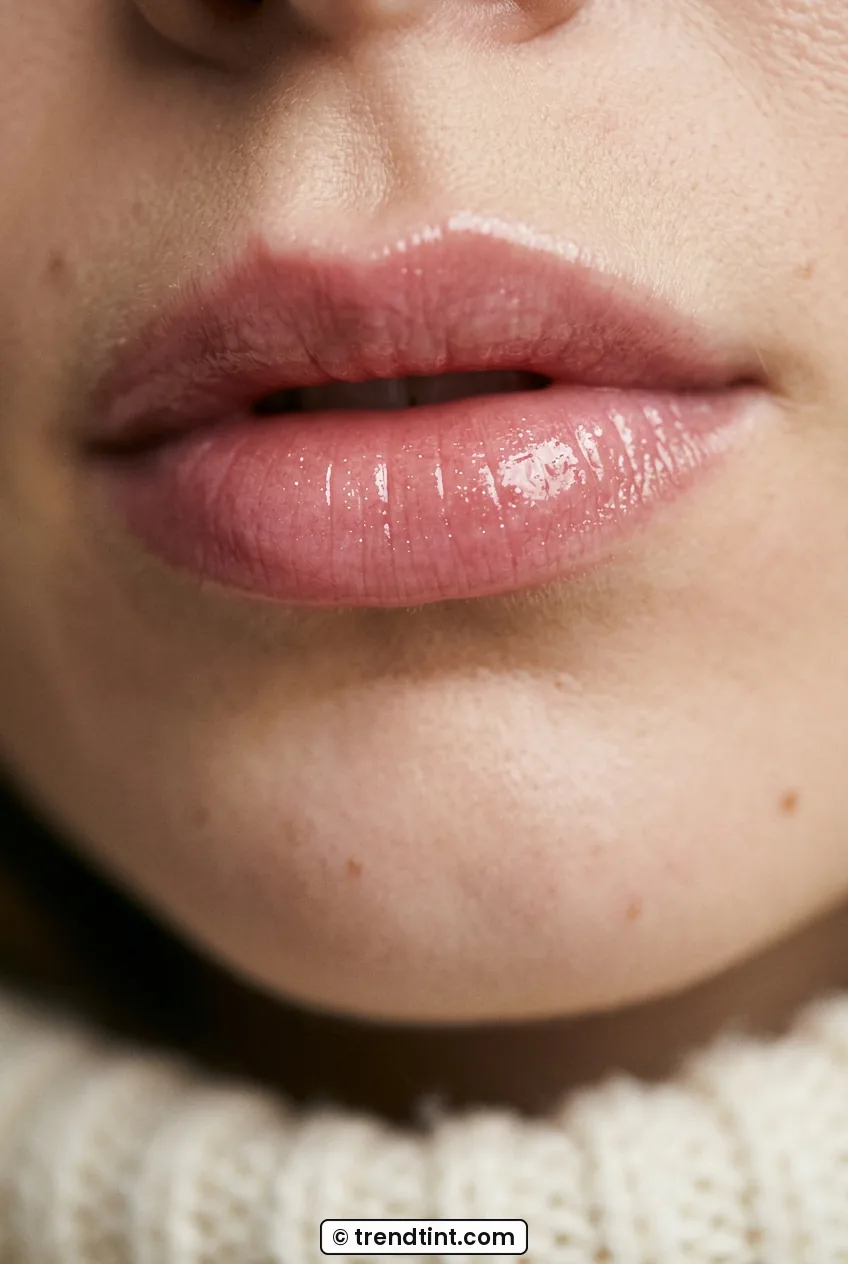 Close-up of woman with sheer rose-pink gloss showing soft center shine